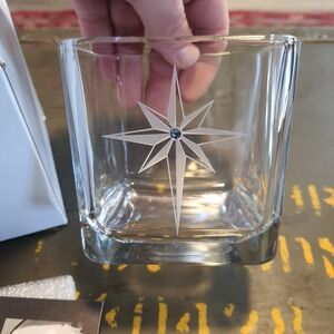 Healy Artisan Glass Etched North Star Votive Candle Holder Square W/ Gem Detail